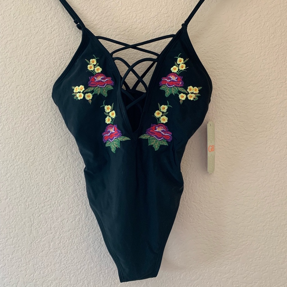 New High-Cut Black One Piece with Embroidery